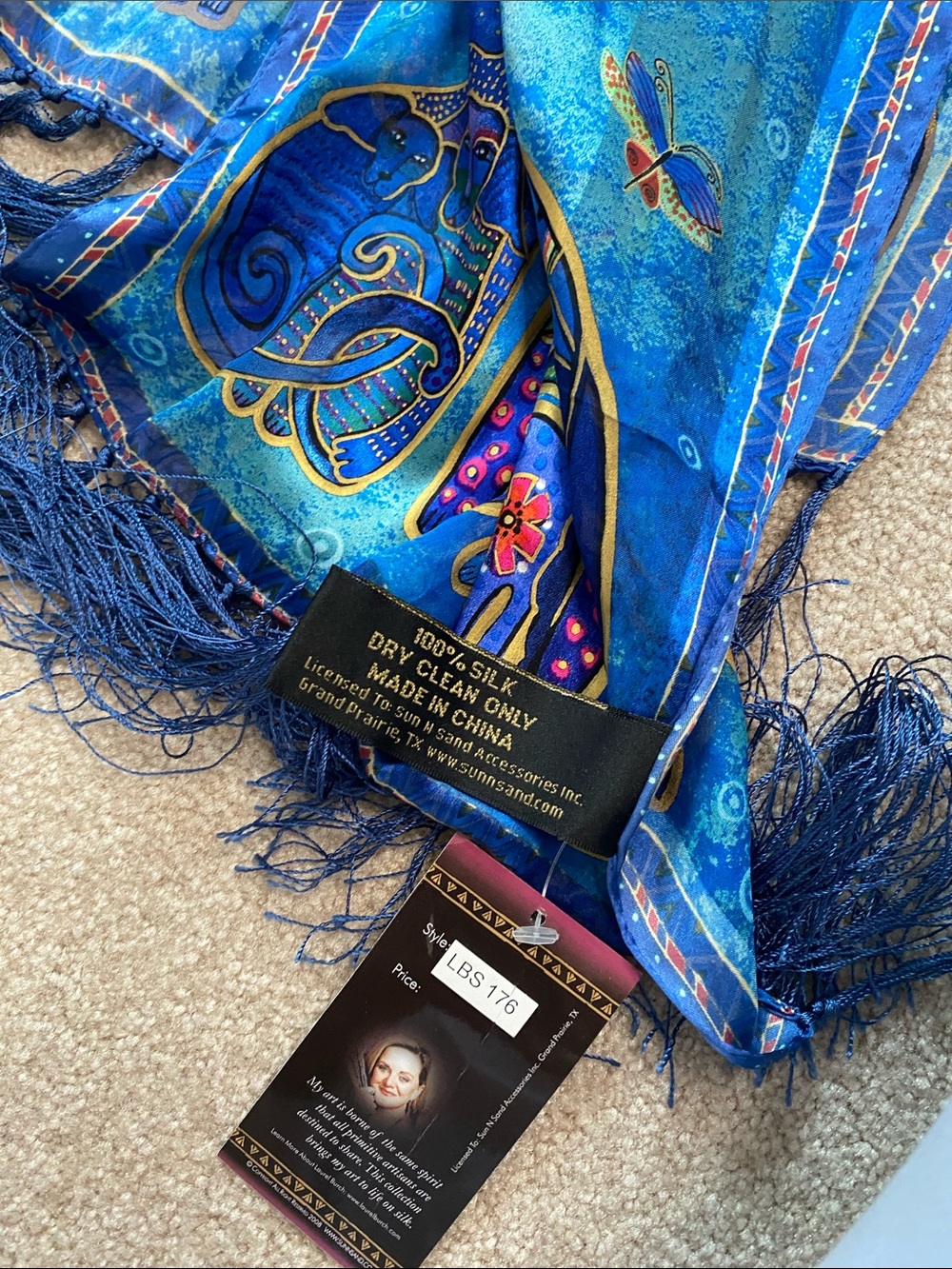 Laurel Burch Vibrant Blue & Teal Dog Fringe Silk Scarf - Picture 2 of 2